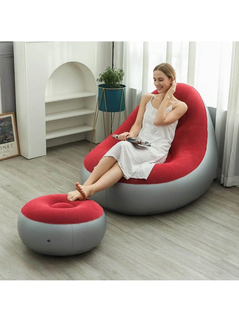 Plush Inflatable Lounge Chair with Footrest - Red